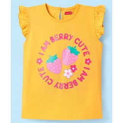 Babyhug Cotton Knit Sleeveless Capri Nightsuit With Strawberry Print - White & Yellow