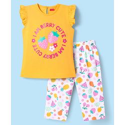 Babyhug Cotton Knit Sleeveless Capri Nightsuit With Strawberry Print - White & Yellow