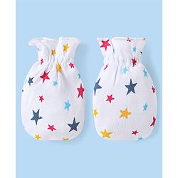 Babyhug 100% Cotton Interlock Knit Mittens & Booties Set with Stars Print - White