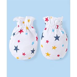 Babyhug 100% Cotton Interlock Knit Mittens & Booties Set with Stars Print - White