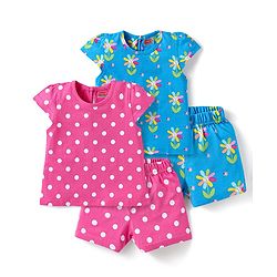 Babyhug Cotton Knit Half Sleeves Co-ords Short Night Suits with Floral & Polka Dots Print Pack of 2 - Blue & Dark Pink