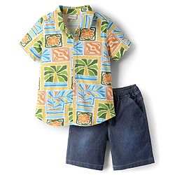 Babyhug Single Jersey Knit Half Sleeves Shirt & Denim Shorts Set with Tropical Theme Print - Navy Blue
