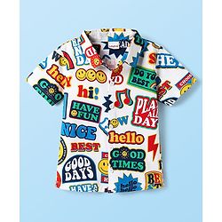 Babyhug Single Jersey Knit Half Sleeves Shirt & Denim Shorts Set With Text Print - White & Blue