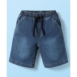 Babyhug Single Jersey Knit Half Sleeves Shirt & Denim Shorts Set With Text Print - White & Blue