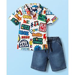 Babyhug Single Jersey Knit Half Sleeves Shirt & Denim Shorts Set With Text Print - White & Blue