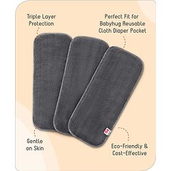 Babyhug Microfiber Solid Reusable Stay Dry 3 Layer Cloth Diaper Inserts Pack of 3 - Grey