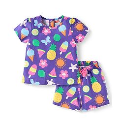 Babyhug Cotton Knit Half Sleeves Shorts Nightsuit With Tropical Print & Bow Applique -Purple
