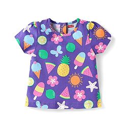 Babyhug Cotton Knit Half Sleeves Shorts Nightsuit With Tropical Print & Bow Applique -Purple