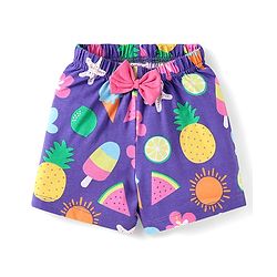 Babyhug Cotton Knit Half Sleeves Shorts Nightsuit With Tropical Print & Bow Applique -Purple