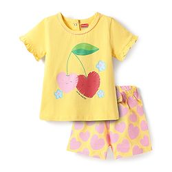 Babyhug Cotton Knit Half Sleeves Shorts Night Suit With Heart Print - Yellow