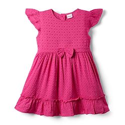 Babyhug Rayon Woven Knit Frill Sleeves Schifilli Frock with Bow Applique - Dark Pink