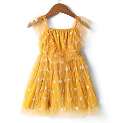 Babyhug Single Jersey Knit Sleeveless Frock With Floral Embroidery & Headband - Mustard