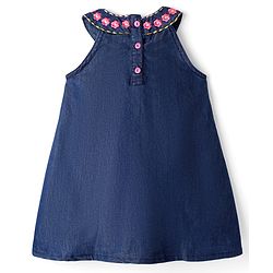 Babyhug Sleeveless Halter Neck Denim Frock With Floral Embroidery - Blue