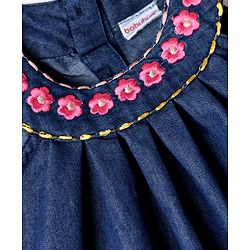 Babyhug Sleeveless Halter Neck Denim Frock With Floral Embroidery - Blue