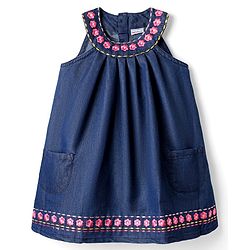 Babyhug Sleeveless Halter Neck Denim Frock With Floral Embroidery - Blue