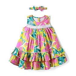 Babyhug Rayon Woven Sleeveless Floral Printed Frock With Lace Detailing & Headband - Multicolor