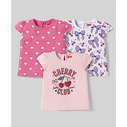 Babyhug Cotton Knit Cap Sleeves T-Shirts with Hearts Cherry & Bow Print Pack of 3 - Pink & White
