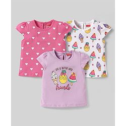 Babyhug Cotton Knit Half Sleeves T-Shirts With Ice-Cream & Heart Pack Of 3 - White Pink & Mauve