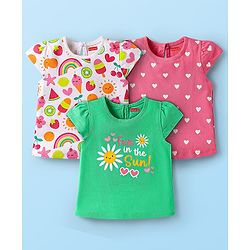 Babyhug Cotton Knit Cap Sleeves T-Shirts with Hearts & Tropical Theme Print Pack of 3 - Pink Light Green & White