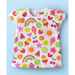 Babyhug Cotton Knit Cap Sleeves T-Shirts with Hearts & Tropical Theme Print Pack of 3 - Pink Light Green & White