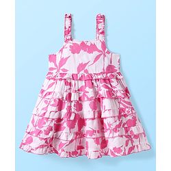 Babyhug Rayon Woven Sleeveless Dress With Floral Print - White & Dark Pink