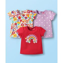 Babyhug Cotton Knit Half Sleeves T-Shirts with Floral Hearts & Rainbow Print Pack of 3 - Red White & Lavender