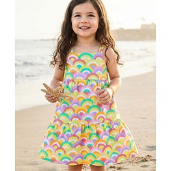 Babyhug Single Jersey Knit Sleeveless Tiered Frock with Rainbow Print & Bow Applique - Yellow