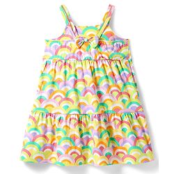 Babyhug Single Jersey Knit Sleeveless Tiered Frock with Rainbow Print & Bow Applique - Yellow