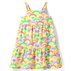 Babyhug Single Jersey Knit Sleeveless Tiered Frock with Rainbow Print & Bow Applique - Yellow