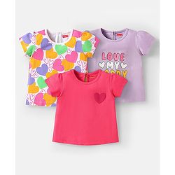 Babyhug Cotton Knit Half Sleeves T-Shirts with Hearts Print Pack of 3 - Pink White & Lavender