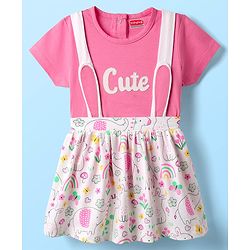 Babyhug Single Jersey Knit Half Sleeves Top & Skirt With Floral Print - Pink