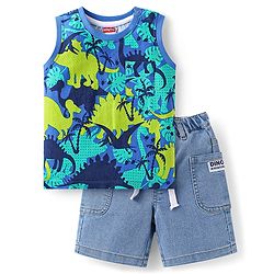 Babyhug Terry Knit Sleeveless Tank T-Shirt & Shorts Set Dino Print- Blue