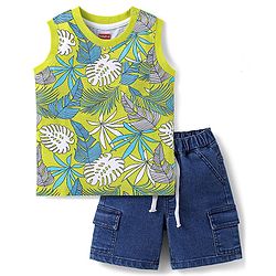 Babyhug Single Jersey Knit Sleeveless Leaves Printed Tank T-Shirt & Shorts Set - Navy Blue & Limegreen