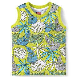 Babyhug Single Jersey Knit Sleeveless Leaves Printed Tank T-Shirt & Shorts Set - Navy Blue & Limegreen