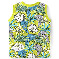 Babyhug Single Jersey Knit Sleeveless Leaves Printed Tank T-Shirt & Shorts Set - Navy Blue & Limegreen
