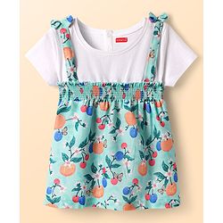 Babyhug Poplin Woven Half Sleeves Top With Floral Print & Bow Applique - Light Blue & White
