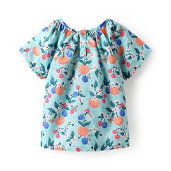 Babyhug Poplin Woven Half Sleeves Top With Floral Print & Bow Applique - Light Blue