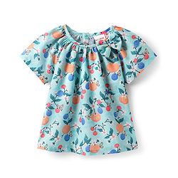 Babyhug Poplin Woven Half Sleeves Top With Floral Print & Bow Applique - Light Blue