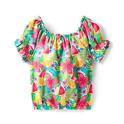 Babyhug Poplin Woven Puffed Sleeves Top With Floral Print - Green & Dark Pink