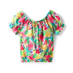 Babyhug Poplin Woven Puffed Sleeves Top With Floral Print - Green & Dark Pink