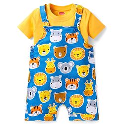 Babyhug Single Jersey Knit Half Sleeves T-Shirt & Dungaree with Animal Print - Yellow & Blue