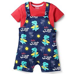 Babyhug Single Jersey Knit Beach Theme Printed Dungaree with Half Sleeves Inner Tee - Red & Navy Blue