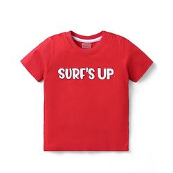 Babyhug Single Jersey Knit Beach Theme Printed Dungaree with Half Sleeves Inner Tee - Red & Navy Blue
