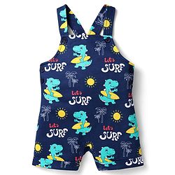 Babyhug Single Jersey Knit Beach Theme Printed Dungaree with Half Sleeves Inner Tee - Red & Navy Blue