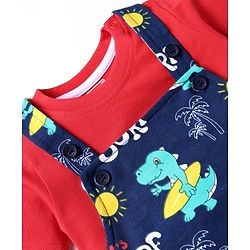 Babyhug Single Jersey Knit Beach Theme Printed Dungaree with Half Sleeves Inner Tee - Red & Navy Blue