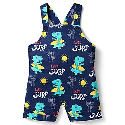 Babyhug Single Jersey Knit Beach Theme Printed Dungaree with Half Sleeves Inner Tee - Red & Navy Blue