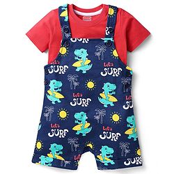 Babyhug Single Jersey Knit Beach Theme Printed Dungaree with Half Sleeves Inner Tee - Red & Navy Blue