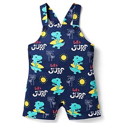 Babyhug Single Jersey Knit Beach Theme Printed Dungaree with Half Sleeves Inner Tee - Red & Navy Blue