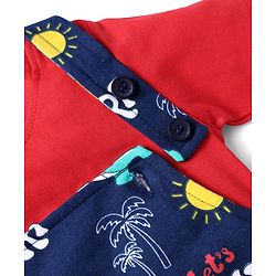 Babyhug Single Jersey Knit Beach Theme Printed Dungaree with Half Sleeves Inner Tee - Red & Navy Blue