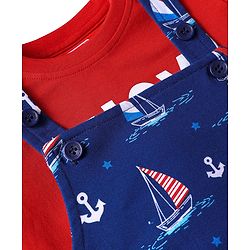 Babyhug Single Jersey Knit Half Sleeves T-Shirt & Dungaree with Nautical Theme &  Ahoy Days Text Print - Red & Navy Blue